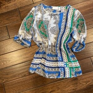 Chico size 1, colorful, attractive pattern silky blouse.